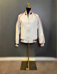 Vintage Bomber Jacket Featuring Southwestern Geometric Knit Trim With Red And Black Accents