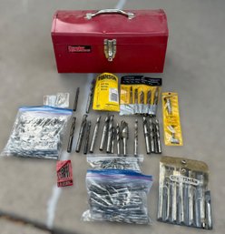 Popular Mechanics Red Tool Box W/ Assortment Of Drill Bits & Wood Boring Bits
