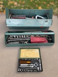 Teal Metal Tool Box Featuring Screwdriver Wrench Set, Assortment Of Clamps, Pliers, Sockets, & More