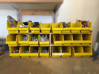 Collection Of Bolts & Misc. Hardware In Yellow Storage Bins