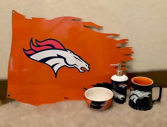 Denver Broncos Metal Wall Poster, Soap Dispenser, Bowl, & Coffee Mig