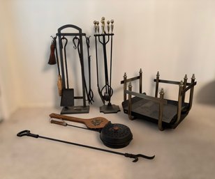 Assortment Of Fireplace Accessories W/ Log Holders, Fire Bellow, Vintage Bed Warmer, & Cast Iron Tools
