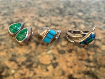 Gorgeous 925 Sterling Silver Cabochon Malachite Earrings, Turquoise Inlay Ring, & Dolphin Blue Opal Inlay Ring