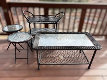 Outdoor Patio Resin Wicker Side Tables W/ Glass Tops & Serving Cart - Lot Of 4