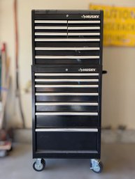Husky Drawer Black Rolling Tool Chest And Cabinet Combo Including An Assortment Of Tools Within Drawers