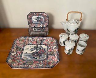 Oriental Serving Tray W/ Plates And Tea Set
