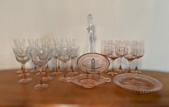 Vintage Pink Depression Glass Stemware Set W/ Decanter, Plates & Serving Pieces