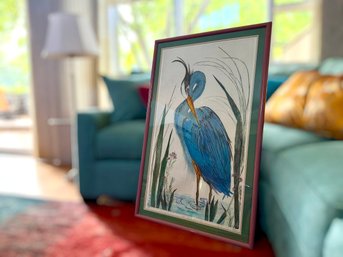 Signed Original Water Color Blue Heron Morning Painting (41x26 Inches)