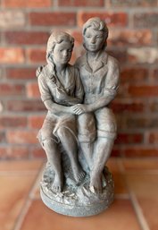Outdoor Concrete Garden Statue Of Two Women Sitting Together On A Rock Bench (21 In)