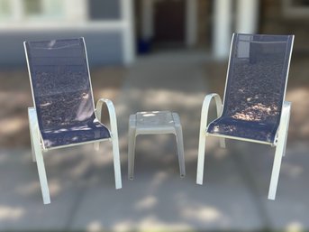 Three Piece Outdoor Patio Set Featuring White Metal Sling Chairs With Square Side Table