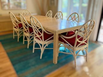 Parsons Dining Table With Eight Rattan Lattice-Back Armchairs & Red Upholstered Cushions