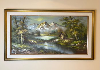 Original Signed Oil On Canvas Landscape Painting Of A Cabin By The Lake Near Mountains W/ Wood Frame (32x56)
