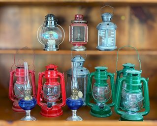 Collection Of Colorful Vintage Railroad Style Oil Lanterns & More