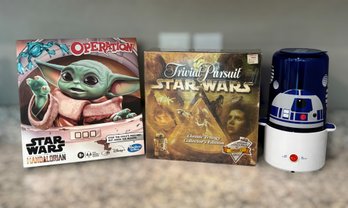 Star Wars The Mandalorian Operation Game, Collectors Edition Trivia Pursuit, & R2-D2 Mini Popcorn Popper