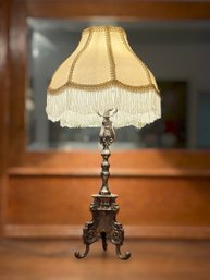 Baroque Style Metal Lamp W/ Cream Colored Fringe Lamp Shade