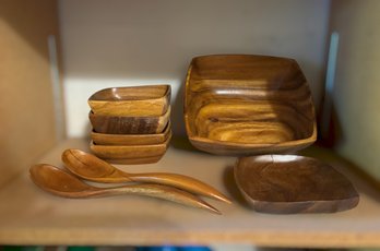 Hawaiian Monkeypod Wood Square Salad And Serving Bowl Set Featuring Large Serving Bowl And Matching Spoons