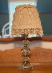 Vintage-style Table Lamp Featuring A Stacked Clear Crystal Base & Delicate, Floral Lace Lampshade