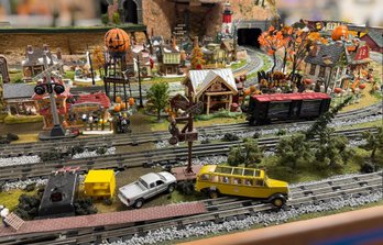 Department 56 Halloween Village Collection With Creepy Hollow Train Depot, Harvest Apple Orchard & Lionel Hall