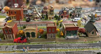 Department 56 Stone Church, Railroad Crossing & Scenic Village Display With Classic Vehicles