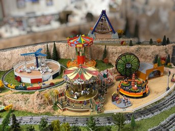 Department 56 & Lionel Animated Carnival Village Collection With MTH Train Accessories & O Gauge Display