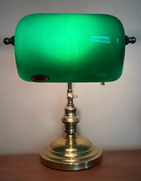 Traditional Banker's Desk Lamp Featuring An Emerald Green Glass Shade & Polished Brass Base