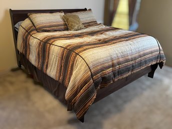 Dark Wood Cherry Finish King Sleigh Bed Frame W/ Saatva Organic Cotton Mattress & Bedding
