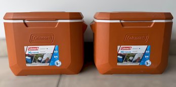 Set Of 2 Coleman 50 Qt Hard-Sided Rolling Thermocooler Ice Chests