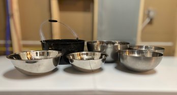 Stainless Steel Mixing Bowls And Vintage Black Speckled Enamelware Preserving Kettle
