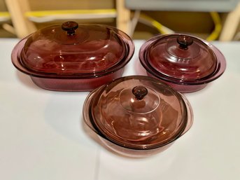 Vintage Cranberry Glass Pyrex & Vision Casserole Dish Collection