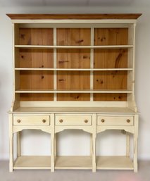 Traditional English Farmhouse Three Drawer Kitchen Hutch In Cream And Natural Pine