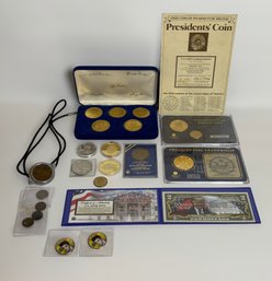 Collection Of Commemorative Presidential Coins, Medallions, And Novelty Currency Sets