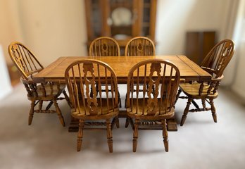 Vintage Country Style Solid Oak Dining Set With Double Trestle Table And Six Press Back Spindl