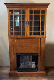 Traditional Mission-style Fireplace Cabinet With Glass Doors & Shelved Display Hutch