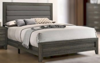 Furniture World Modern Transitional Queen Headboard In Gray Finish W/ Charcoal Ho Horizontal Tufted Upholstery