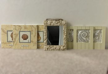 Collection Of Coastal-themed And Nautical Home Decor Pieces Including Vintage Map-style Shell Art Panels