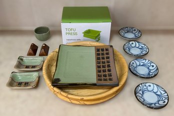 Japanese Ceramic Green & Blue Dishes, Tofu Press, & Handcrafted Shallow Wood Bowl