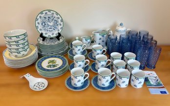 Villeroy & Boch Germany Large Dinnerware Set W/ Blue Crystal Glasses And Serving Pieces (w/ Original Receipts)