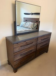 Modern Industrial 6-Drawer Dresser With Matching Attached Mirror In Rustic Walnut Finish W/ Faux Concrete Top
