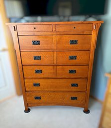 Mission Style Oak Tall Chest Featuring Six Spacious Drawers, Two Accessory Drawers, And Black Mission Hardware