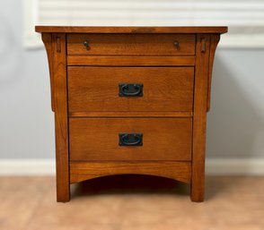 Mission Style Oak Nightstand Featuring Two Storage Drawers, Pullout Tray, And Black Mission Hardware