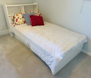 White Twin-size Bed With Bookshelf Headboard And Under The Bed Storage Drawers