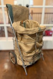 Vintage Folding Grocery/laundry Cart Featuring A Burlap Sack Liner