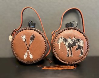 Pair Of Rockin' Y Saddlery Leather Canteen With Western Cowhide Inlay - Set Of 2
