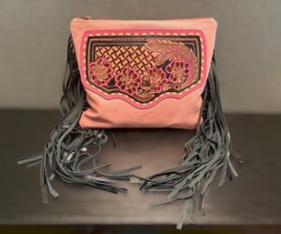 Myra Leather Western Tooled Crossbody Purse With Floral Pink Design And Black Fringe - Lot 2 Of 2