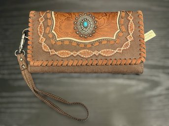 Montana West ToMontana West Tool Leather Western Style Wristlet With Turquoise Concho