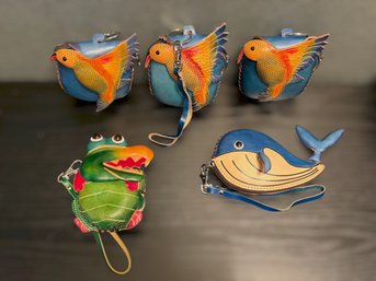 Lot Of Five Novelty Leather Animal Coin Purse/keychains