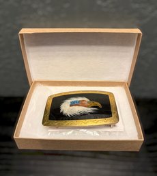 Vintage Hand Made  Eagle Head American Flag Sand Paint Belt Buckle