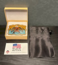 Vintage Colorado Silver Star Corp. Enamel Sand Art Belt Buckle W/ Figural Design Includes Box