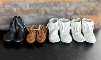 Lot Of 4 Pairs Unused Black, White Fringe And Tan Moccasin Style Shoes/boots Size 6 -Lot 3 Of 3 (moccasins)