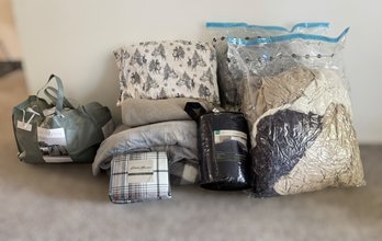 Large Collection Of Neutral Tone W/ Grey & Blue Bedding Linens